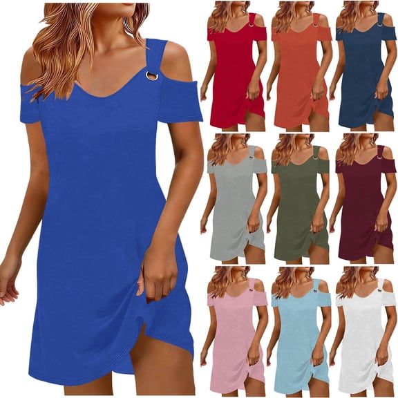 Antinious Womens Off Shoulder Short Sleeve V-Neck Solid Spaghetti Straps Summer Beach Dresses