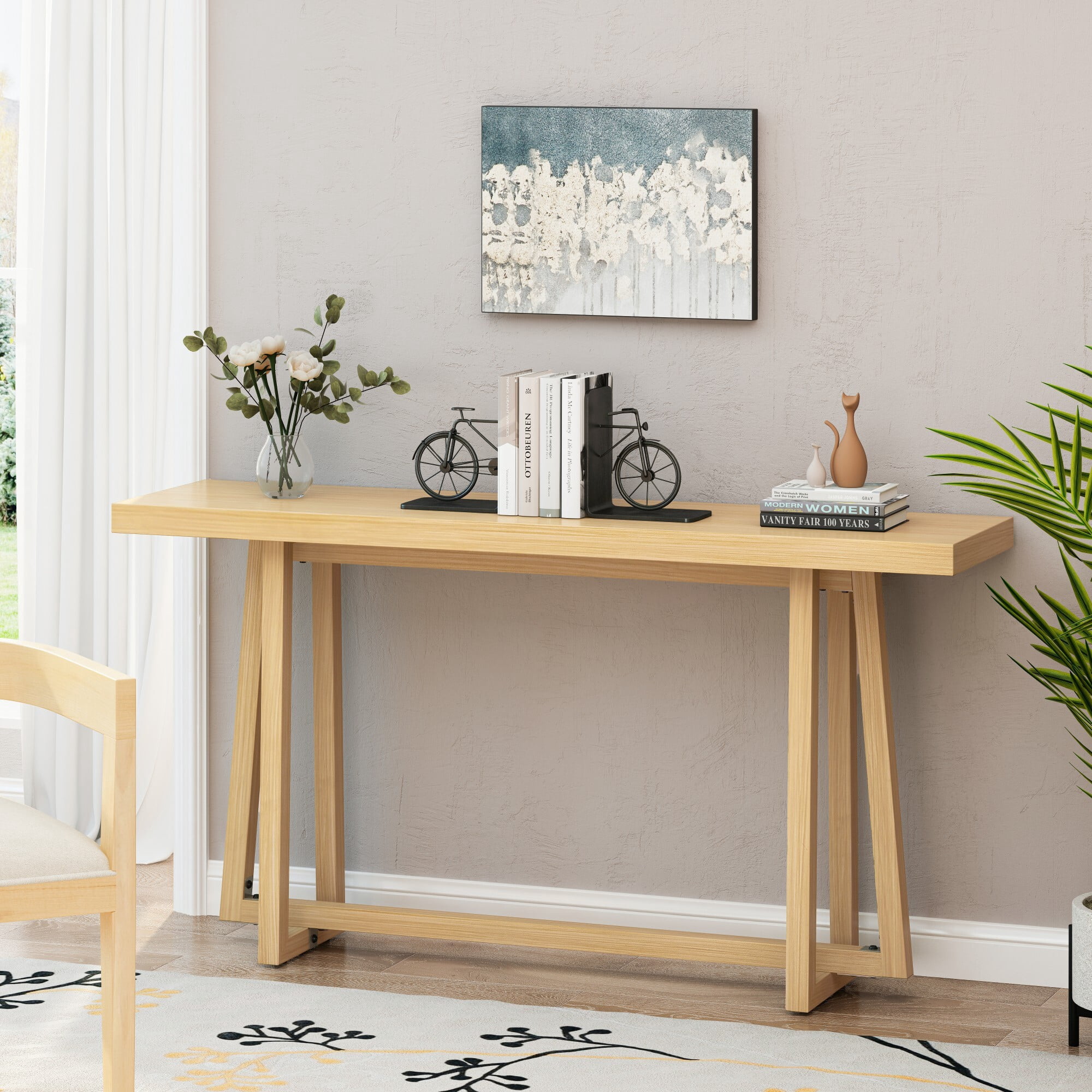 AENKYO 60" Console Table, Faux Wood Top Metal Entryway Table, Indoor/Outdoor Sofa Table for Hallway & Patio, Light Oak