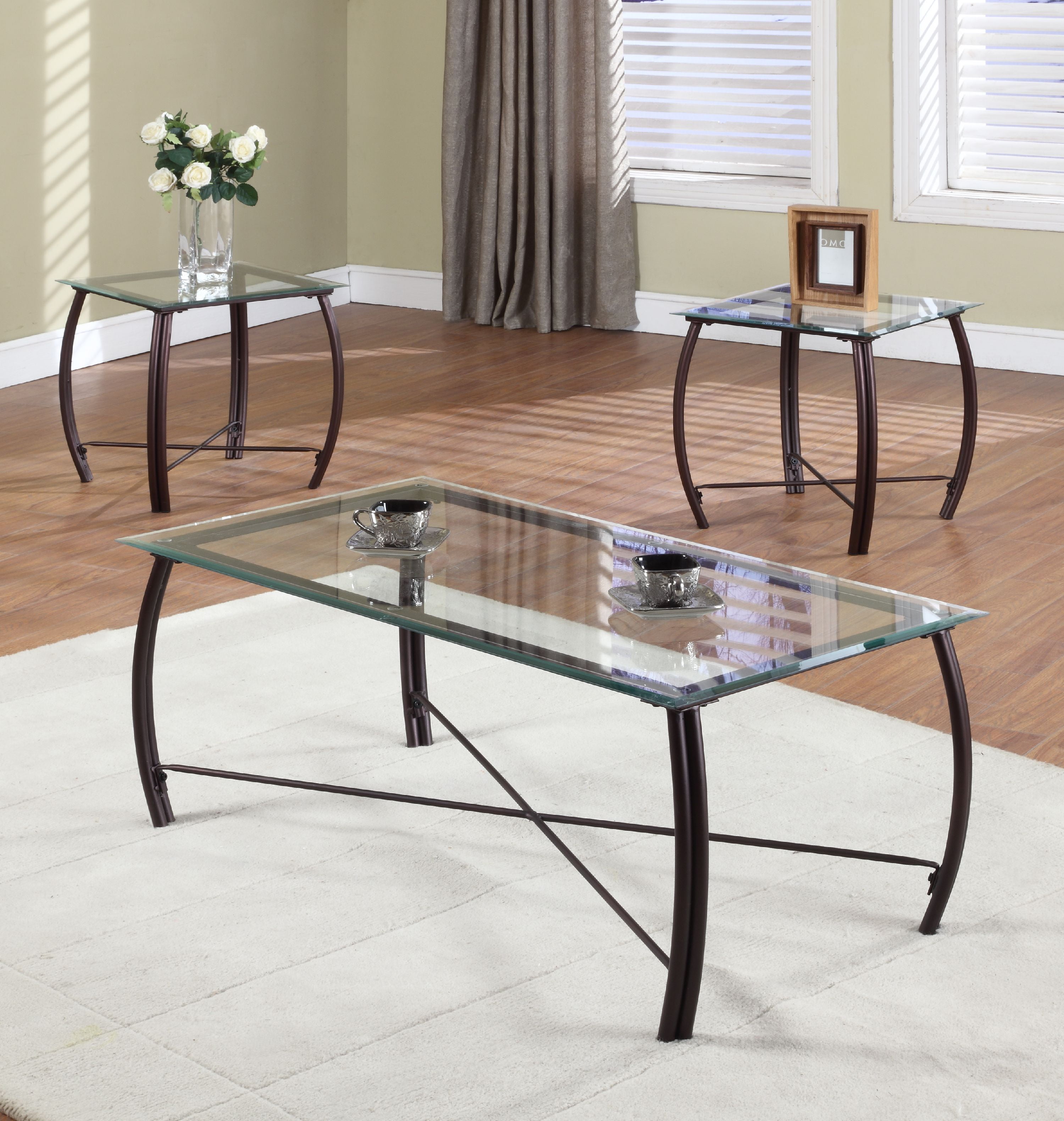 Paula 3 Piece Coffee Table Set, Copper Metal Frames & Beveled Glass