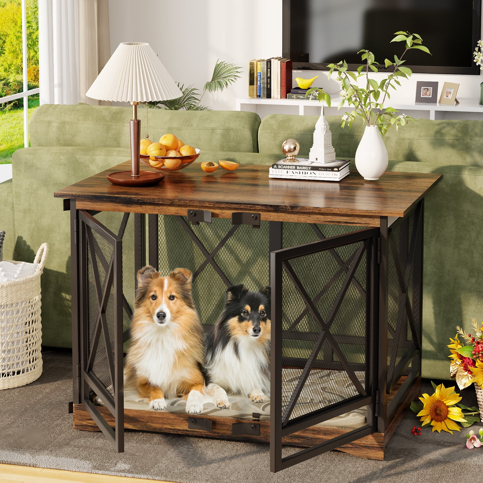 48 inch Extra Large Dog Crate Furniture,Double Door Indoor Kennel,End Side Table Wooden Dog Crates,Anti-Chew Anti-Escape, Wood