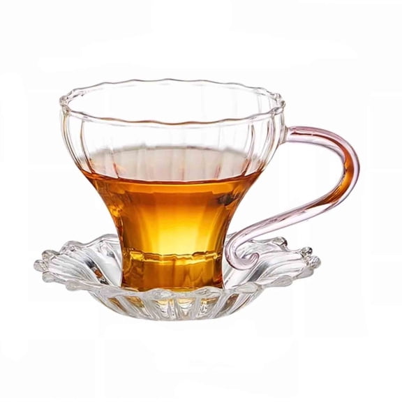 160ml Clear Borosilicate Glass Drinking Cup with Saucer, Elegant Stripes Tea & Coffee Cup with Pink Handle