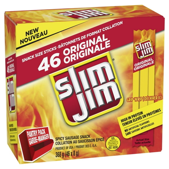 Slim Jim Original, Spicy Sausage Snack Size Meat Stick, High in Protein, No Artificial Flavours, Mini Meat Sticks Multipack (46 x 8g), 368g, SJ PANTRY ORG 4/46/365G