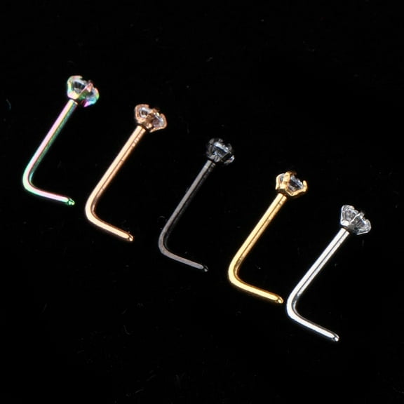 5 Pieces Nose Rings L-shaped Studs Stainless Steel Crystal Curved