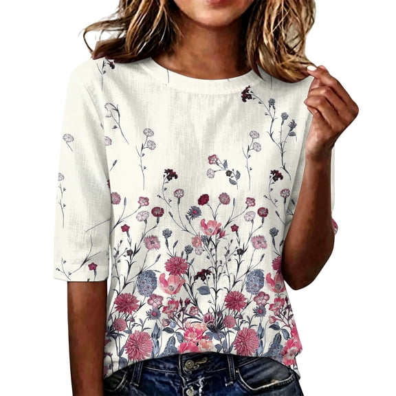 Domzest Womens Boho Floral Print Tops Half Sleeve Loose Fit Lightweight Shirts Elbow Length Summer Fall Crew Neck Basic Blouse Yellow L