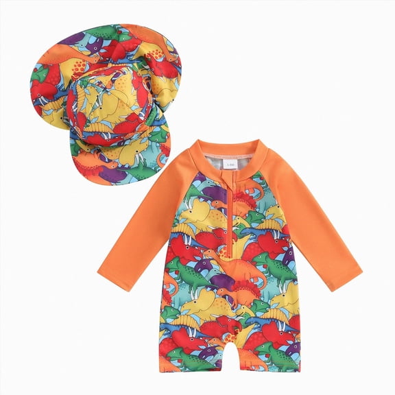 Ymyiu Toddler One Piece Swimsuit Baby Boys' Toddler Rash Guard Swimsuit Long Sleeve Sun Protection One Piece Zipper Bathing Suit with Sun Hat Beach Swimwear 6-12 Months (Orange,6-12 Months)