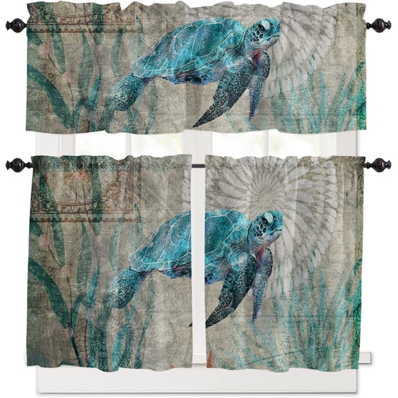 3 Pieces Kitchen Curtains & Valances Set, Vintage Ocean Turtles, Short Curtain Rod Pocket Window Curtain, World Map, Window Treatment Tiers Valances (Single Panel 54"x18",2 Tiers 27.5"x36")