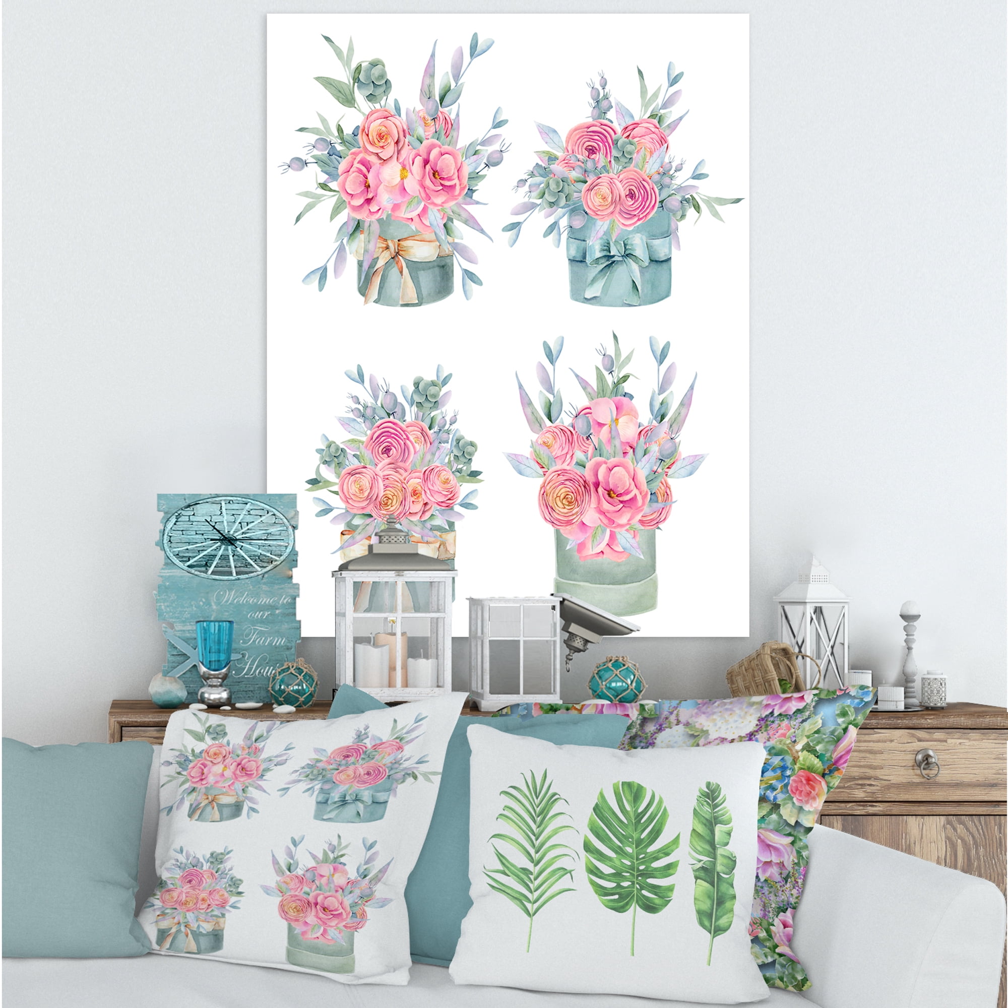 Designart ' Bouquets Collection of Pink Roses ' Farmhouse Canvas Wall Art Print