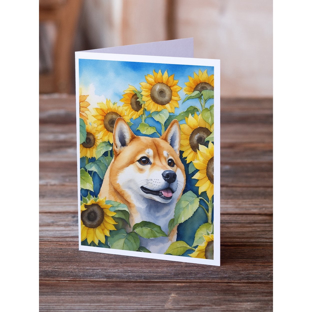 Shiba Inu in Sunflowers Greeting Cards Pack of 8 7 in x 5 in