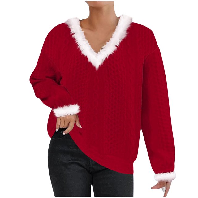 Swstbby Soldes d'Automne! Hauts d'Automne pour Femmes Grande Taille, Chandail Décontracté à Manches Longues Col en V Couleur Unie Rouge m