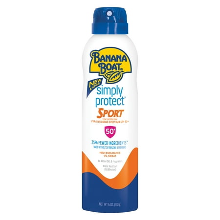 - Banana Boat Simply Protect Sport Broad Spectrum Sunscreen Spray with SPF 50, 6 Ounce