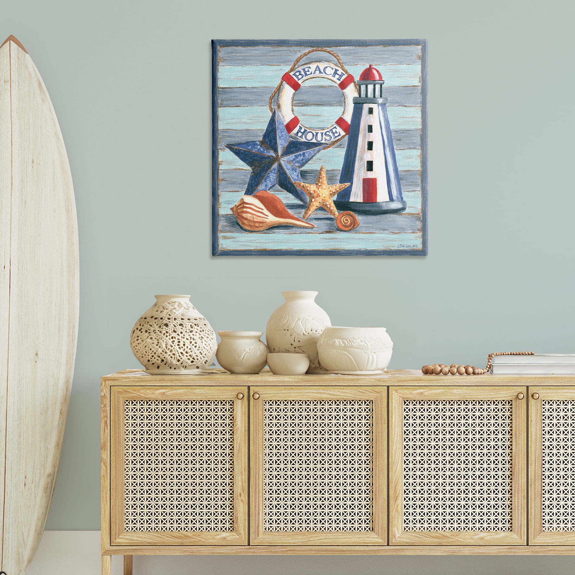 Stupell Industries Rustic Beach House on Stripes Nautical & Beach Painting Wrapped Canvas Art Print Wall Art, 36 x 36