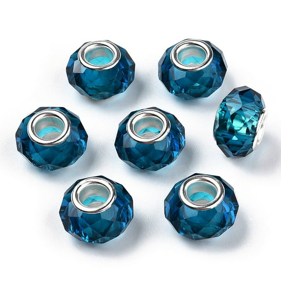 100pc Handmade Glass European Beads Large Hole Beads Silver Color Brass Core Dark Turquoise 14x8mm Hole: 5mm DIY