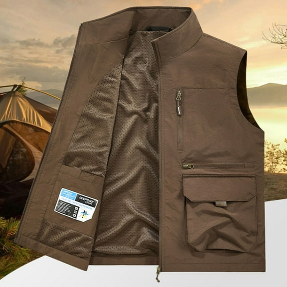 Handshe Men's Casual Vest, Solid Color Sleeveless Lightweight with Multi-Pockets, Lapel Collar Outdoor Workwear for Daily Use