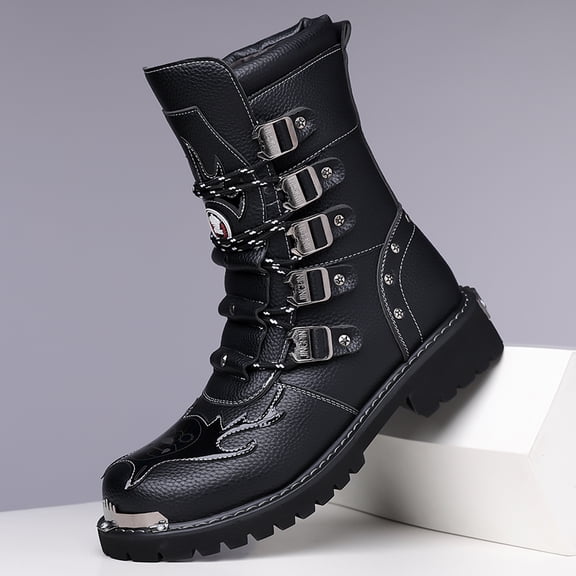 Men's Black Mid Calf Cowhide Motorcycle Boots, Round Toe Multi Buckle Metal Decor Slip On Punk Gothic Combat Boots