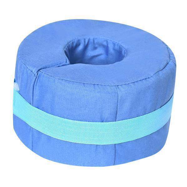 2 almohadas de apoyo para pies y manos, reposapiés para dormir para descansar, posicionamiento en el hogar, azul salvador cojín elevador de pies Pack de 2 cojines circulares con hueco central de 17 x 10 cm, funda de algodón azul y espuma de alta densidad; correa ajustable visible, vista frontal sobre fondo neutro. Suele usarse también para elevar tobillo o talón durante reposo.