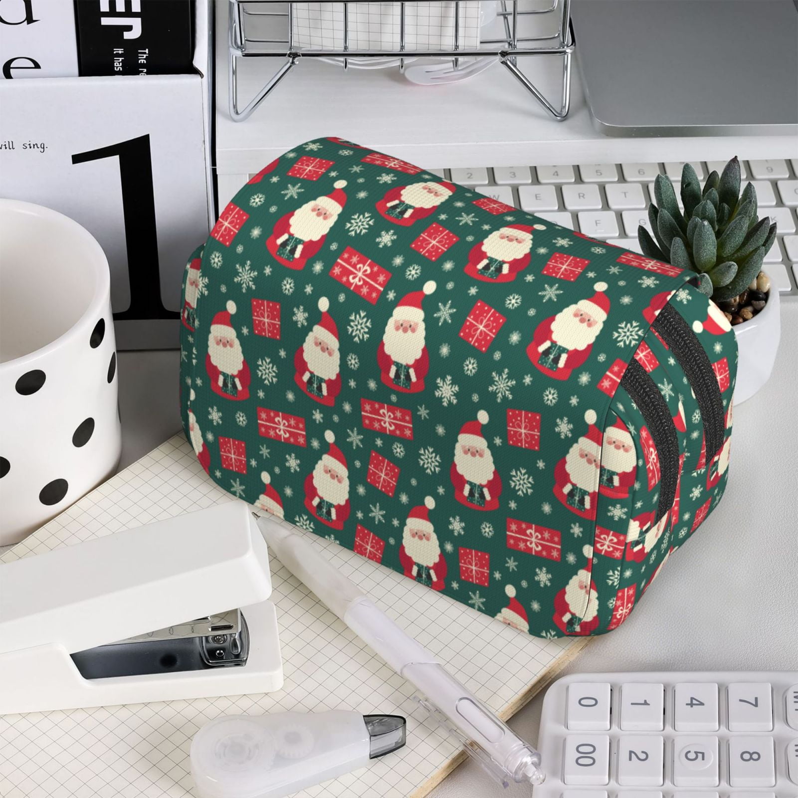 Rateoe Santa Claus Pattern Double Clamshell Pen Case, Storage Organizer with Two Zipper Compartments– Holds Up to 50 Pencils & Pens