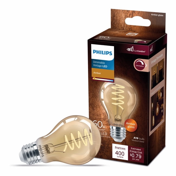 Philips LED 60-Watt A19 Filament General Purpose Vintage Spiral Light Bulb, Clear Amber, Dimmable, E26 Medium Base (1-Pack)
