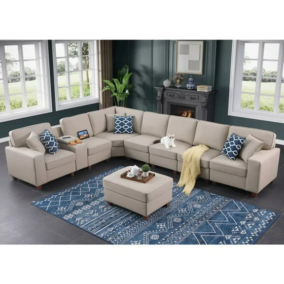 Devion Furniture Artificial Leather Modular Sectional With Ottoman And Cupholder Console - Brown