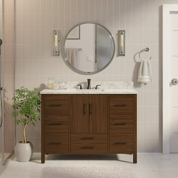 California 48" Bathroom Vanity with Walnut Cabinet and Carrara Marble Top