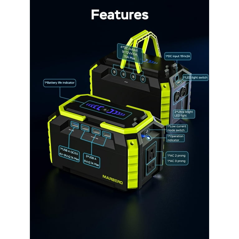 MARBERO Portable Power Station 150Wh Camping Solar Generator Laptop Charger  Power Bank with AC Outlet 110V 150W Peak with 4*USB, 4*DC Ports, LED  Flashlights for CPAP Home Camping Hurricane Emergency - Walmart.com