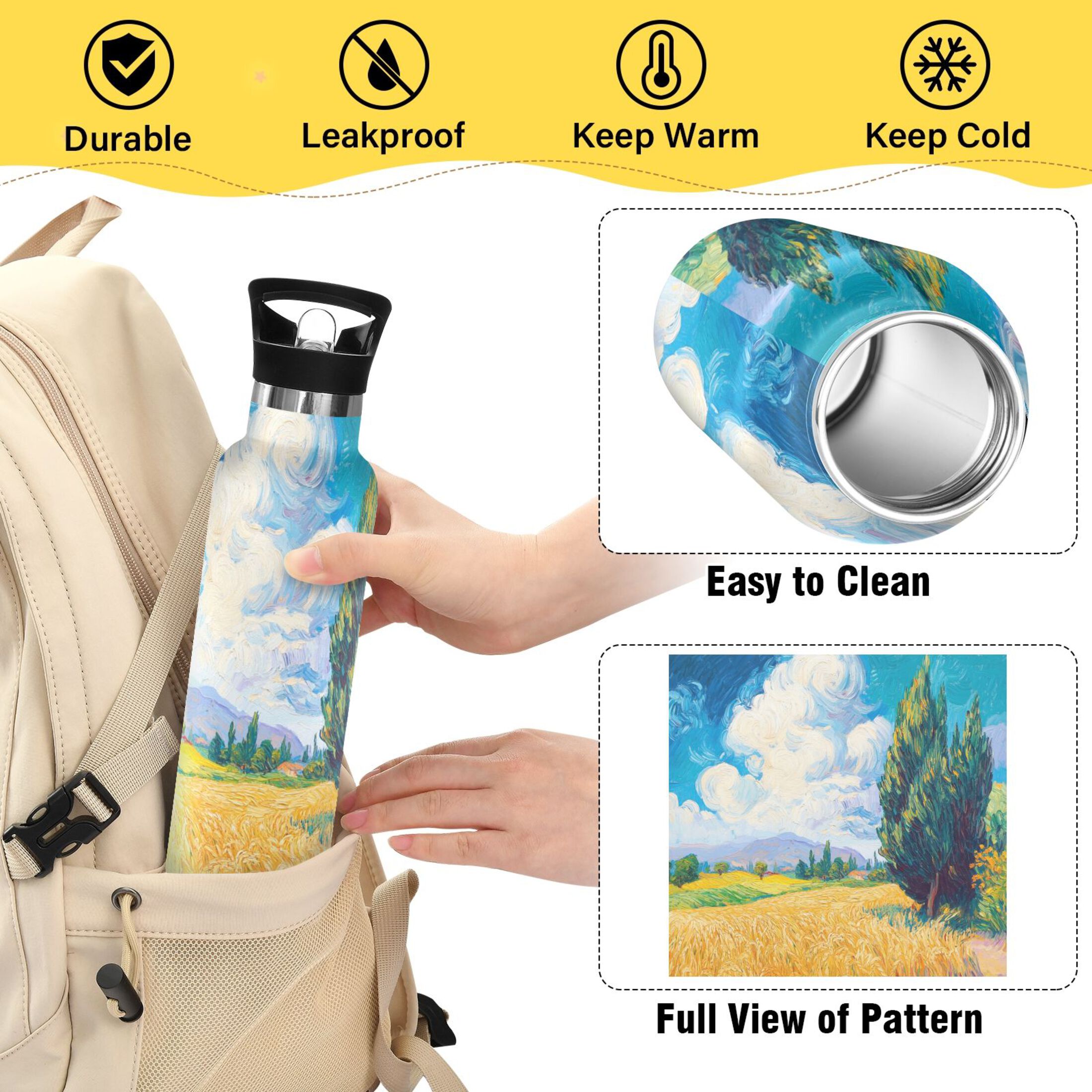 600ML Stainless Steel Insulated Cup Sports Water Bottle Portable Thermos Cup Water Glasses Insulated Tumblers Convenient and Durable Wheat Field