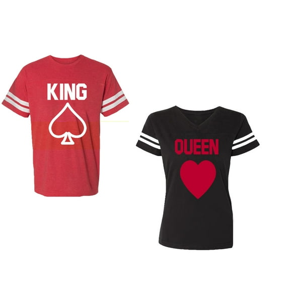 King Queen Poker Unisex Couple Matching Cotton Jersey style T-Shirt Contrasting stripes on sleeves (Men Red / Women Black) (Men S / Women S)