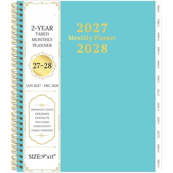 2027-2028 Monthly Planner, 2 Year Monthly Planner/Calendar 2027-2028, Jan 2027 - Dec 2028, 9" x 11", Tabs, Double-Side Pocket, Holidays, Thick Paper - Blue