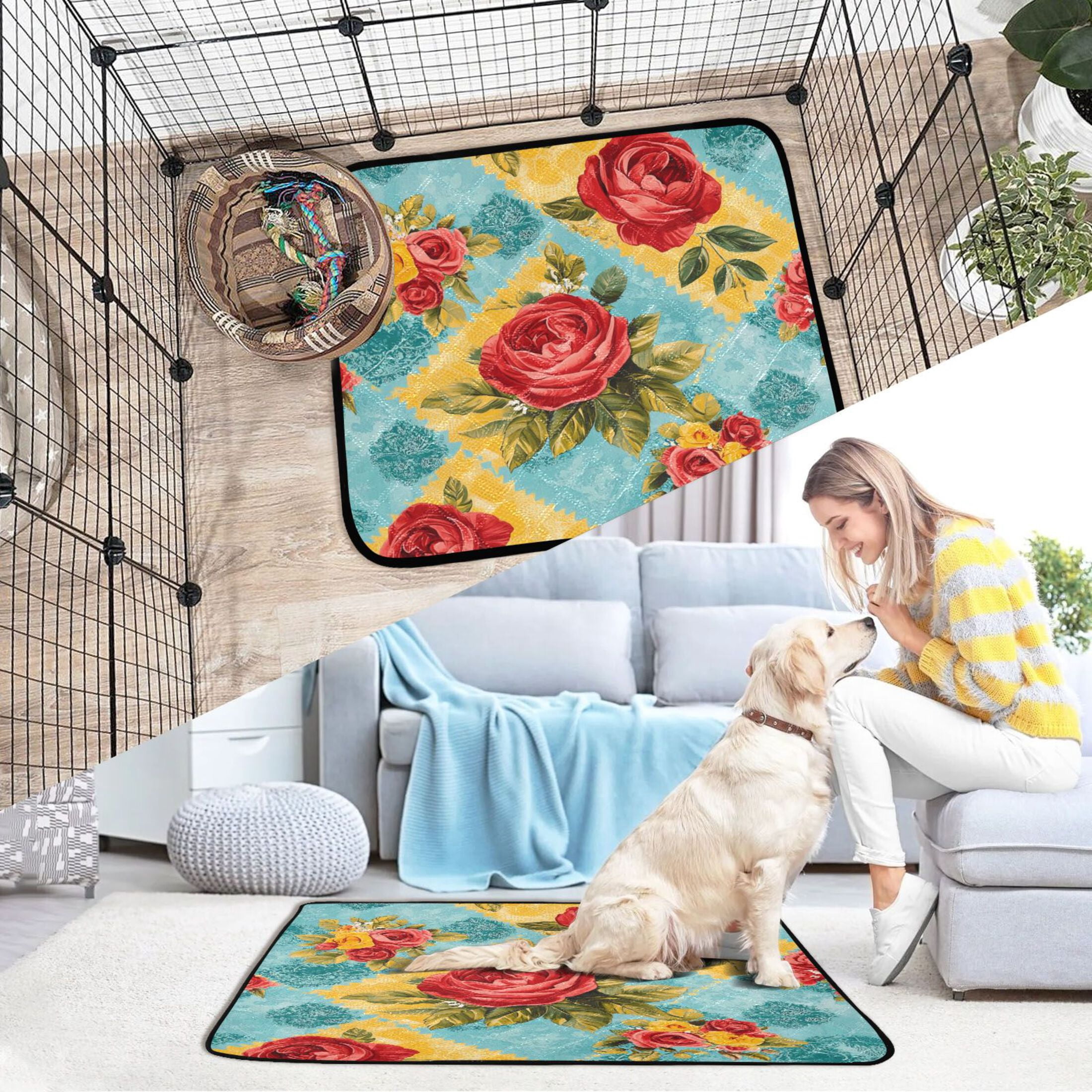 Qxltty Vintage Rose Quilt Chart Cat litter Pads Pet Set of 3 Diaper Mats Center Anti-leakage Layer Absorbent Soft and Comfortable