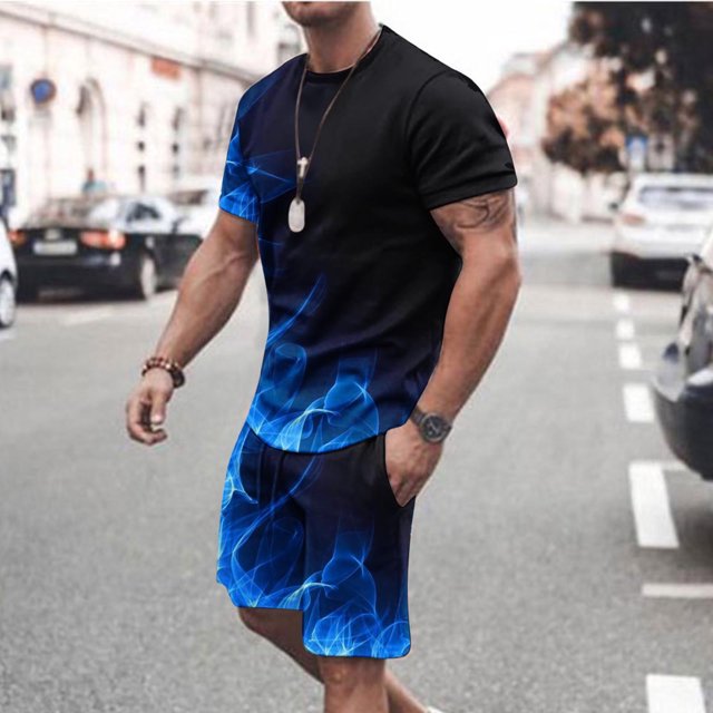UVEASISHA Mens Summer Outfits Set,Men Short 2 Piece Tracksuits Gradient Tie Dye Print Short Sleeve Muscle Gym Workout Athletic Sports Suits Sets Blue