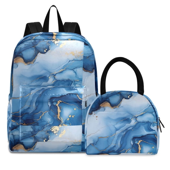 ALAZA Backpack Set Blue Golden Marble Elementary School Bags Student BookBag with Lunch Bag
