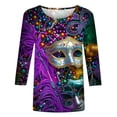 thumbnail image 4 of AGWOLF Mardi Gras Outfit for Women 3/4 Length Sleeve Mask Graphic Carnival Tee Blouses Fashion Round Neck Funny 3D Print Holiday Tops, 4 of 5