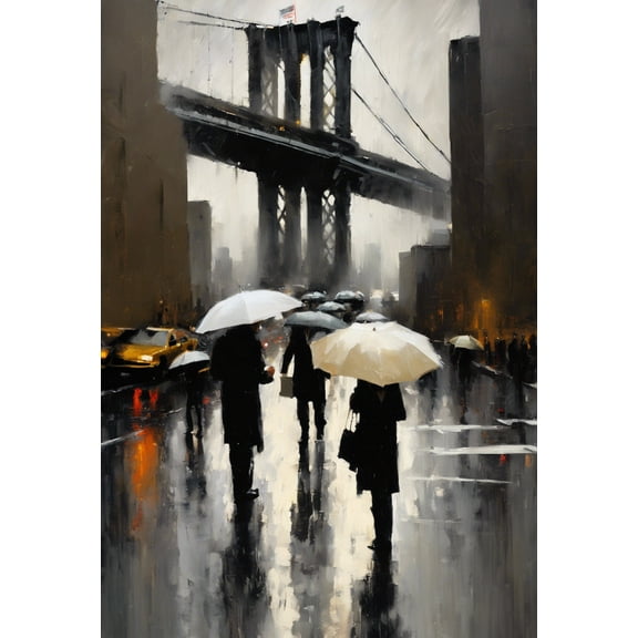 Rain In New York Oil Painting - 12" x 18" Art Print Wall Decor