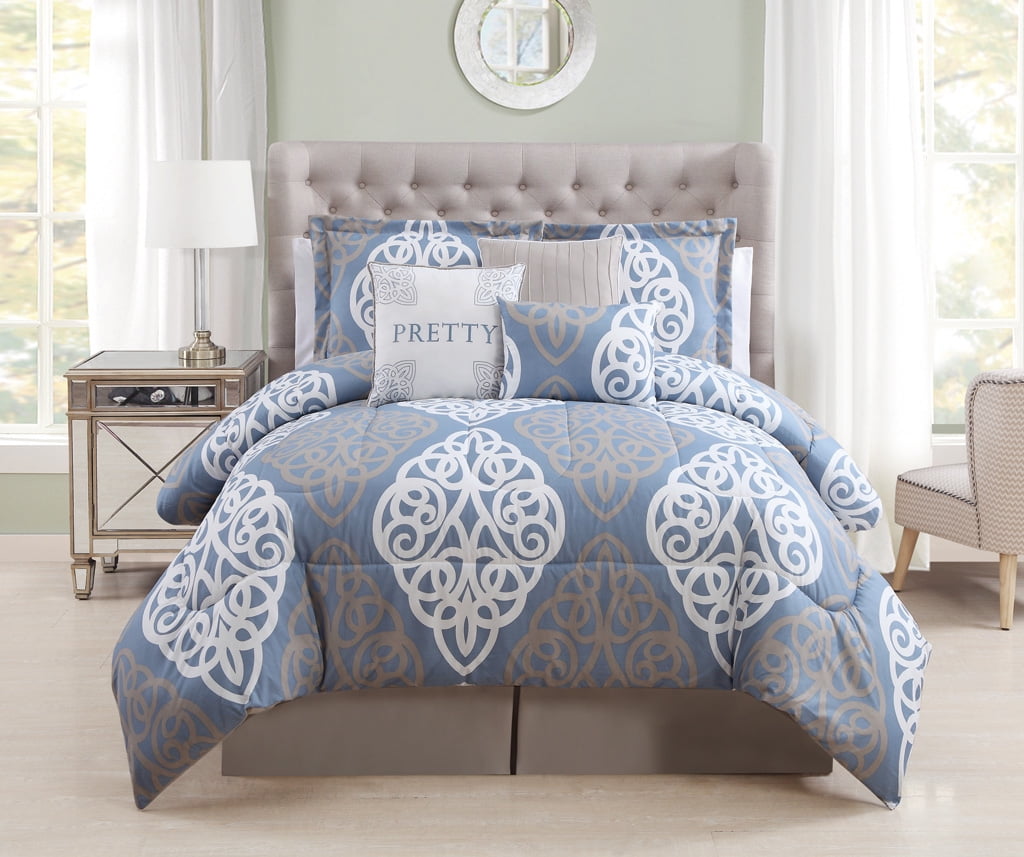 7 Piece Pretty Blue White Comforter Set Walmart Com