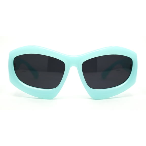 Womens Oversized Trendy Sport Thick Bevel Frame Wrap Plastic Sunglasses Sky Blue - Black