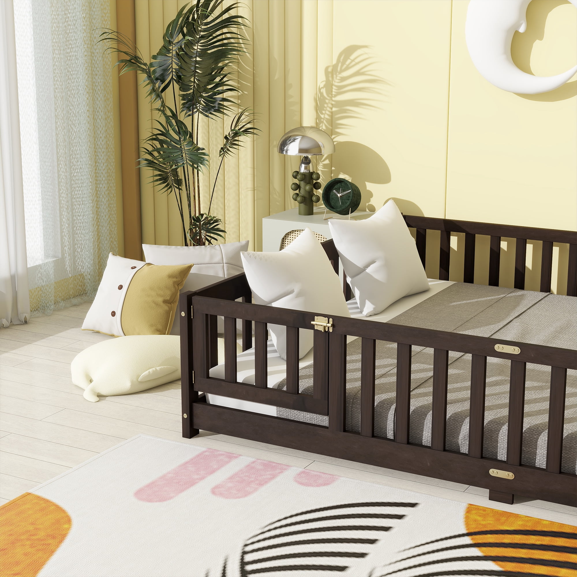 Sailvan Queen Floor Bed with Fence and Door, Solid Wood Kids Platform Bed Frame Espresso