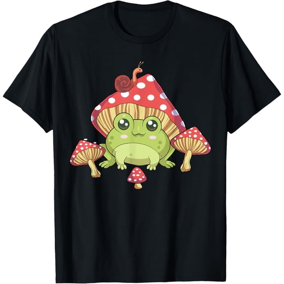 Frog with Mushroom Hat Cottagecore Aesthetic Farmcore Fungi T-Shirt- Classic Unisex 100% Cotton Crew Neck T-Shirt Regular Fit Breathable Casual Everyday Wear