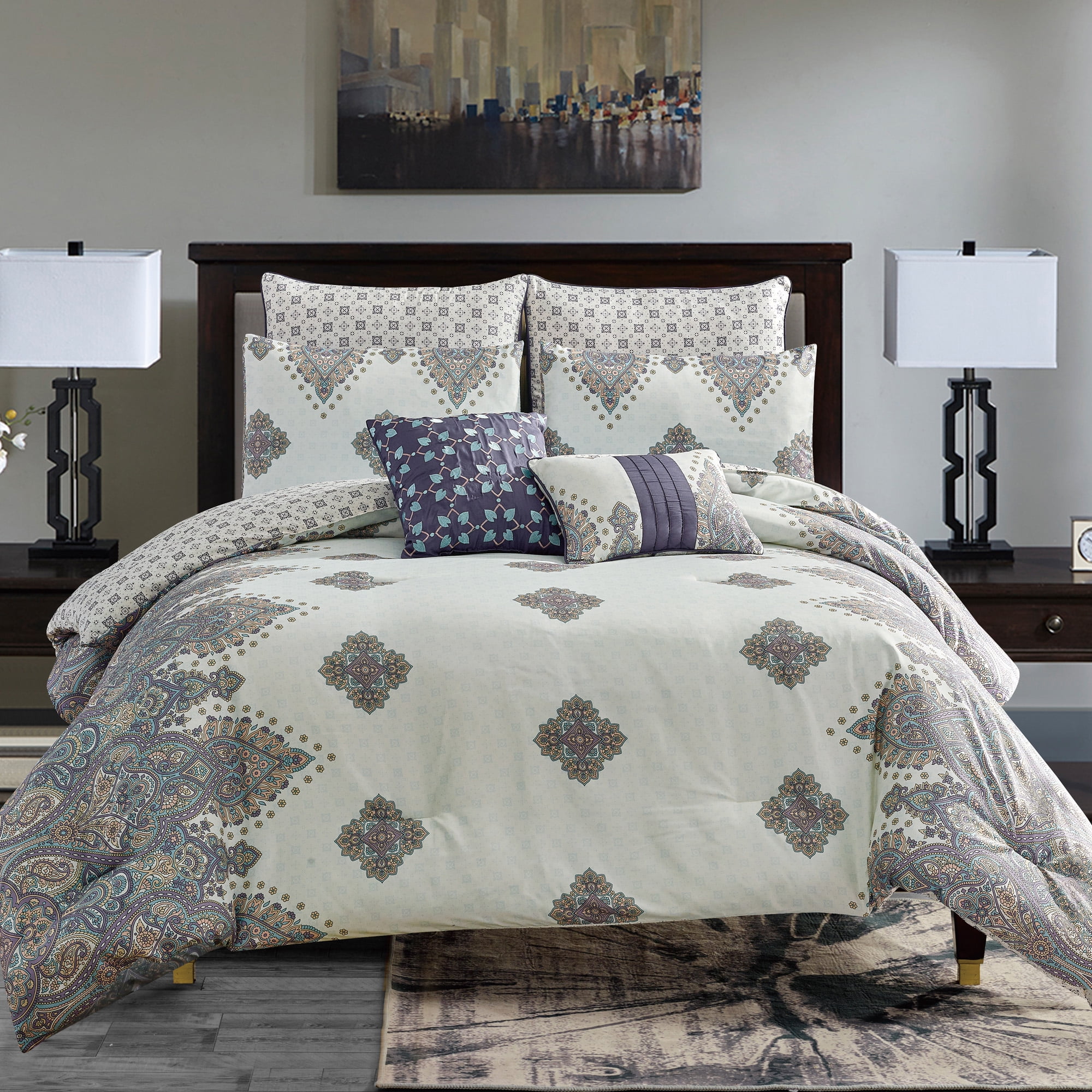 7 Piece Print Craft King Size Comforter Set - Gray Brushed Microfiber