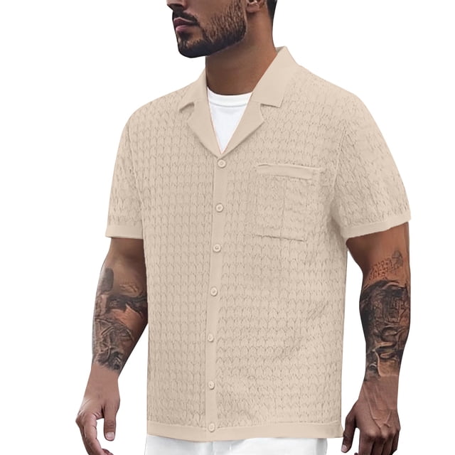 Camisa informal de manga corta con solapa y corte ajustado, transpirable, de poliéster, para hombre