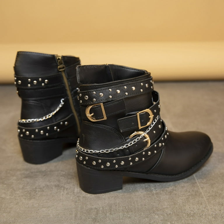Black ankle boots with buckles and studs best sale