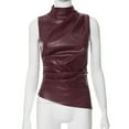 thumbnail image 5 of Trendy Sleeveless Blouse Solid Color PU PU Leather Tank Top Fashion Asymmetrical Top Slanted Sleeveless Top Leather Ruched Vest WINE RED XL, 5 of 8