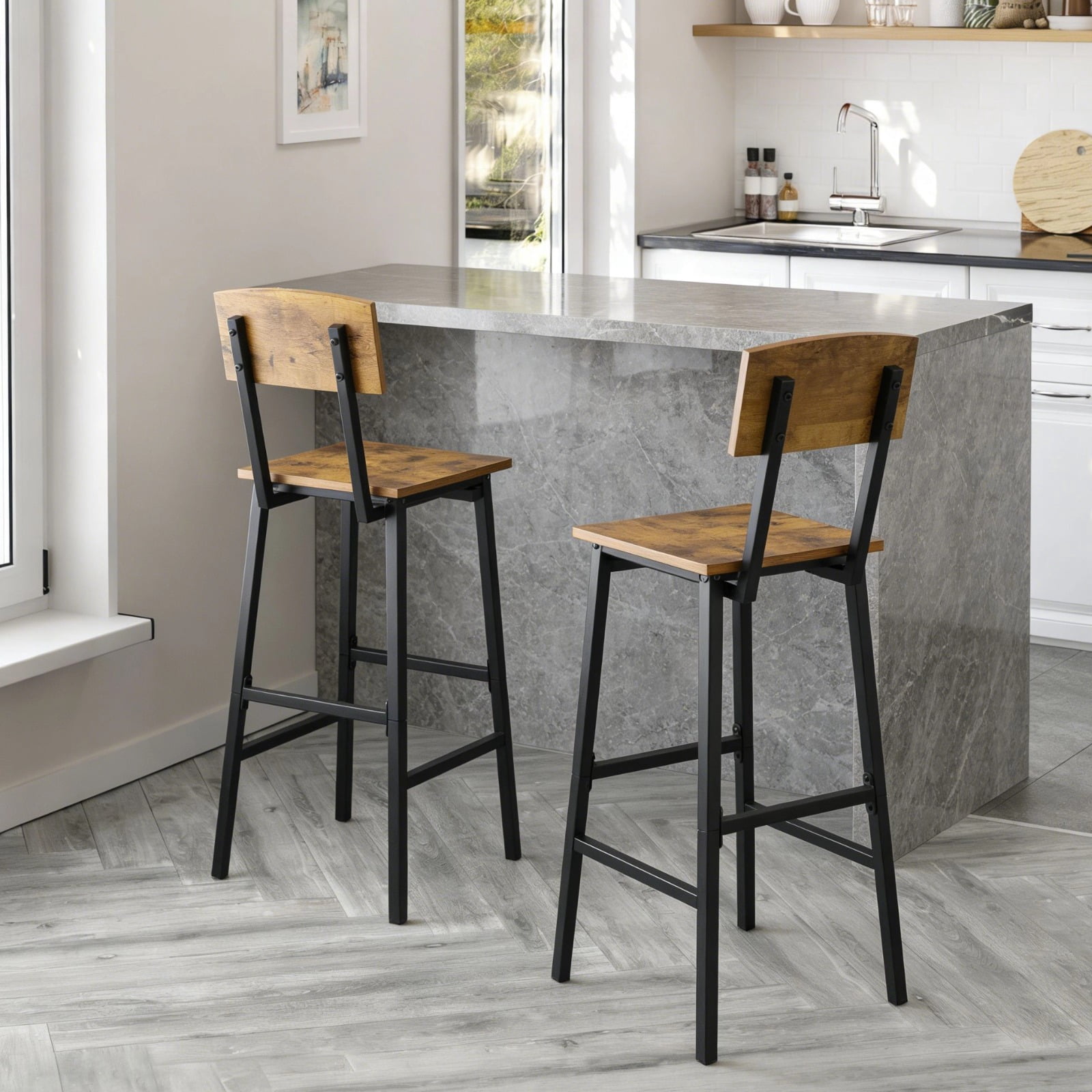 Set of 2 Bar Stools with Backrest, 26"/30" Counter Height Barstools, Rustic Wood & Metal Industrial Bar Chairs, Farmhouse Armless Bar Stools for Kitchen Island, Dining Room, Pub, Bistro