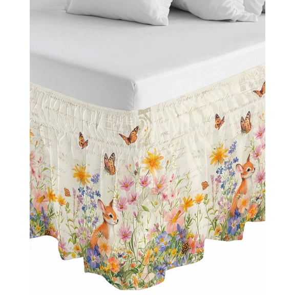 Spring Vintage Floral Wrap Around Bed Skirts for Queen Bed 16" Drop, Bed Skirt with Adjustable Elastic Belt Dust Ruffle Bed Valance for Bedroom Hotel Luxury Summer Botanical Butterfly Bed Frame Cover