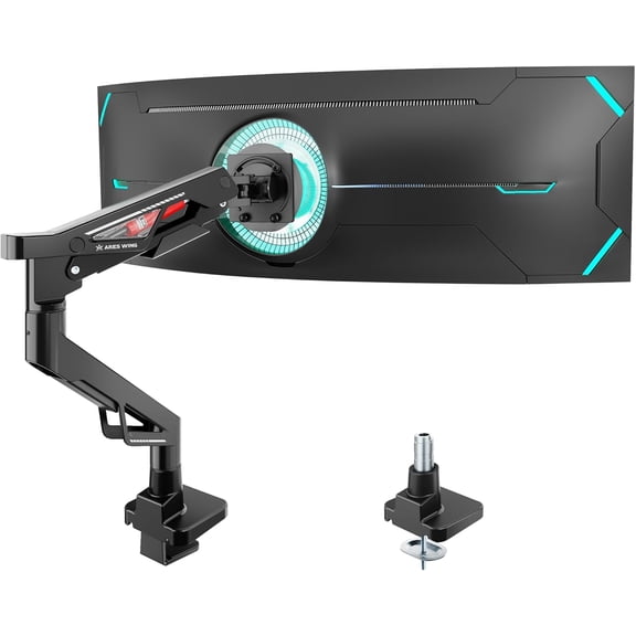 ARES WING Premium Monitor Arm for Ultrawide Monitors up to 57", Supports 66 lbs, Gas Spring Height Adjustable Desk Mount with Extension, VESA Compatible, Clamp or Grommet Base