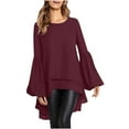 thumbnail image 2 of VEKDONE Back to School Drop Deals Women's Long Sleeve Tunic Blouse Fall Casual Trumpet Sleeve Tunic Tops Double Layer Chiffon High Low Hem Shirts Wine,XL, 2 of 6