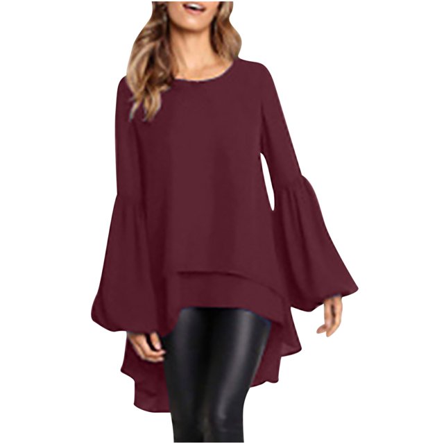 Birdeem Womens Casual Solid Color Irregular Pullover Round Neck Long Sleeve Lantern Tops