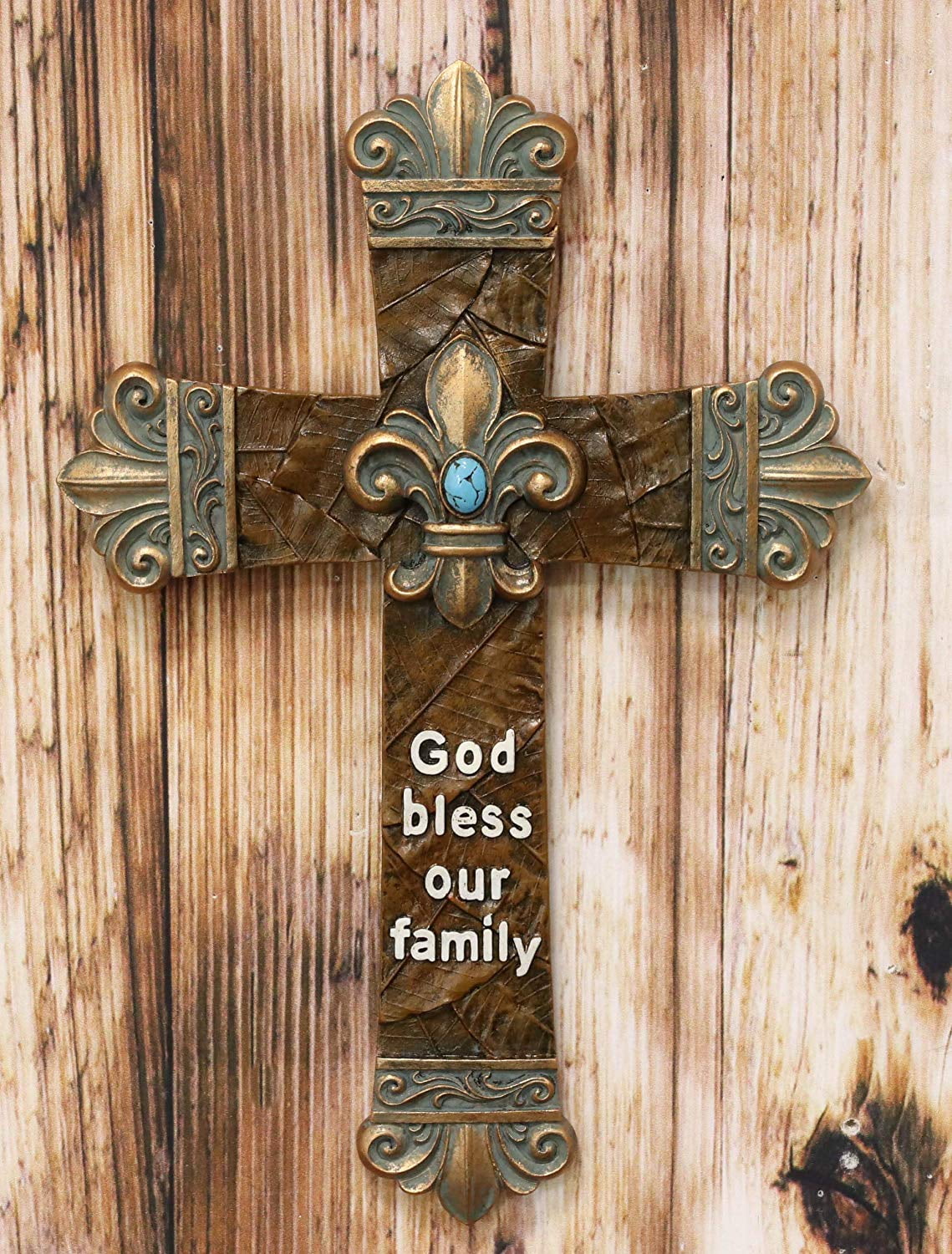Ebros Rustic Southwest Fleur De Lis God Bless Our Family Wall Cross Decor 10" H