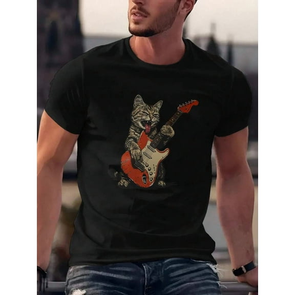 Cool Rock Cat Graphic Print Men's Cotton Short Sleeve TShirt Casual Comfortable Stylish Tee For Everyday Wear Fashion Rock Music Inspired Design |S-5XL SIZE
