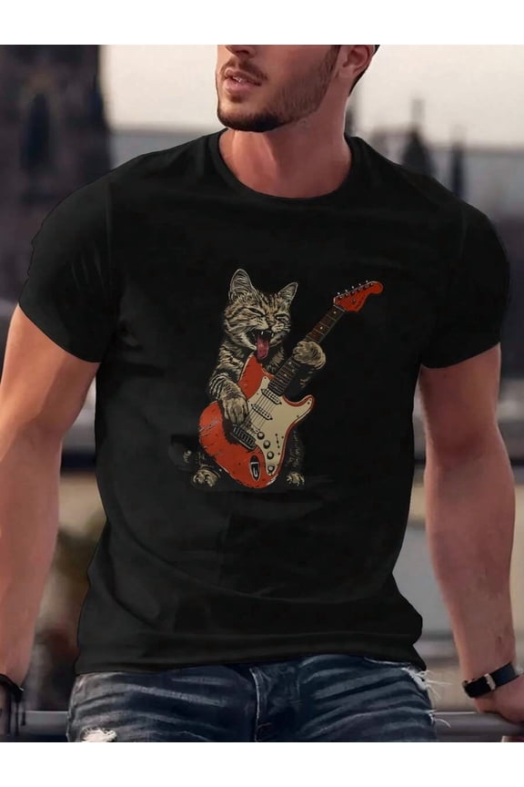 Cool Rock Cat Graphic Print Men's Cotton Short Sleeve TShirt Casual Comfortable Stylish Tee For Everyday Wear Fashion Rock Music Inspired Design |S-5XL SIZE