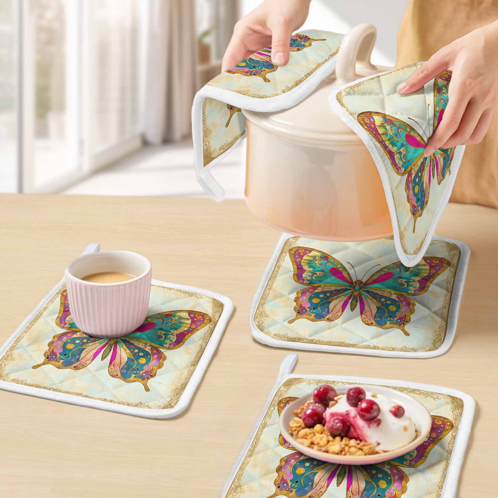 Vintage Butterfly Pot Holders for Kitchen Heatproof Potholder, 5 Pack Retro Colorful Butterfly Hot Pads Multipurpose Oven Pads Cloth Potholders Trivet for Cooking Baking