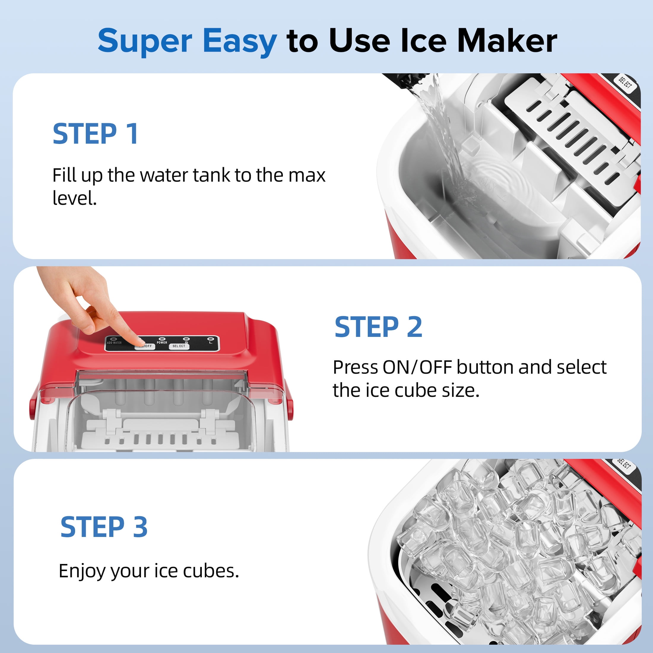 Auseo Countertop Ice Maker Machine 26lbs/24H, 2 Sizes of Bullet Ice, 6 Mins/8 Bullets of ice, Self-Cleaning, Red